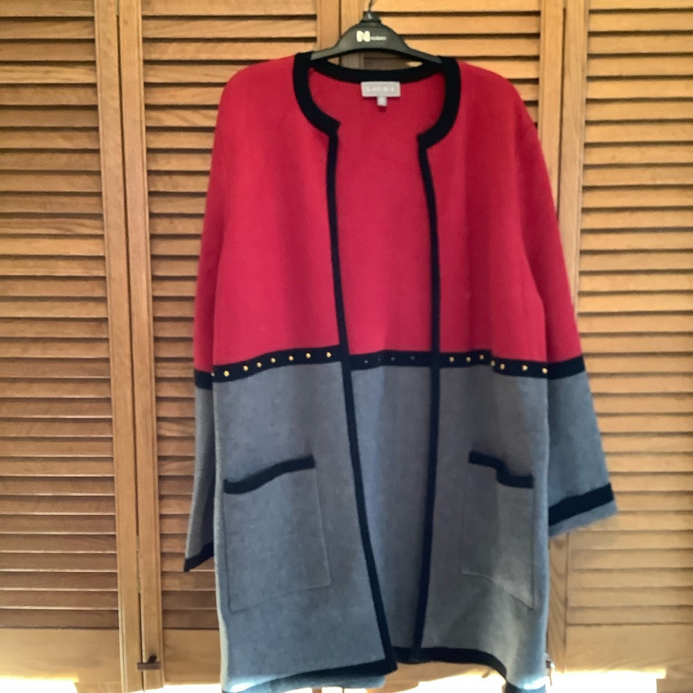 LAURA:  Red & Gray Open Front Cardigan